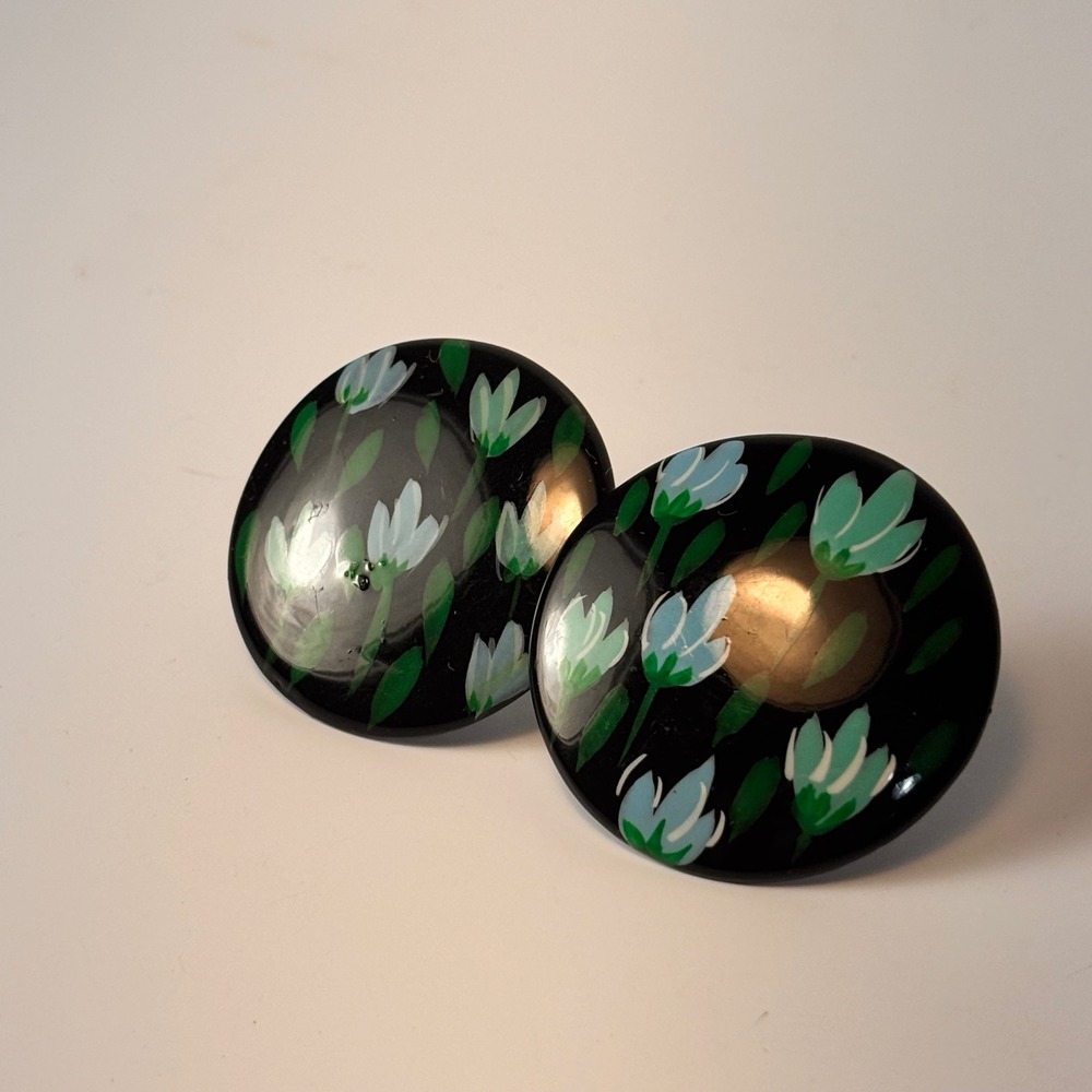 Vintage Hand Painted Wood Earrings Black Blue Floral Studs Cottagecore Boho Chic